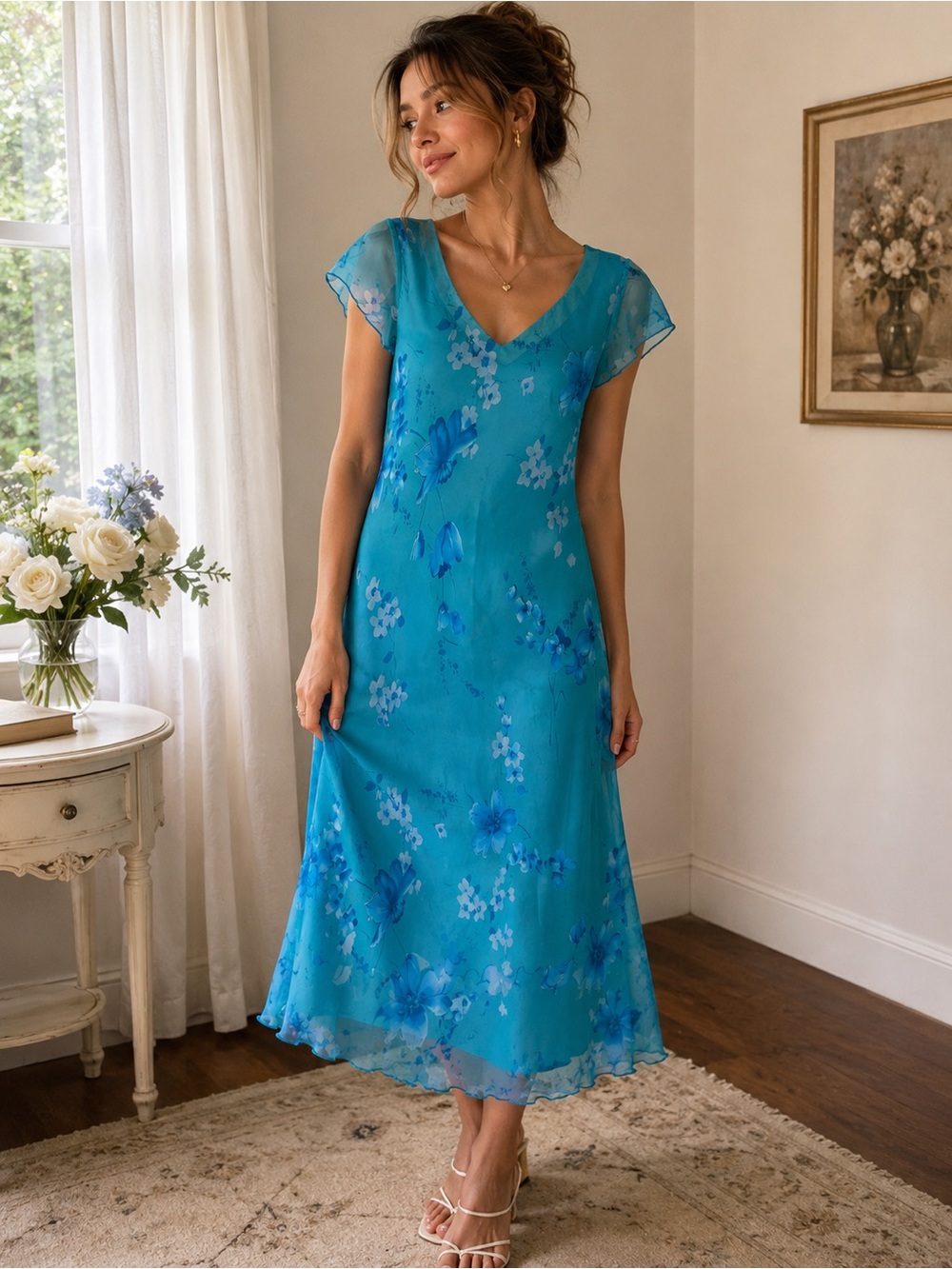 Vintage Believe Blue Floral Sheer Midi Dress Size 6 Y2K Fairycore Mesh Overlay